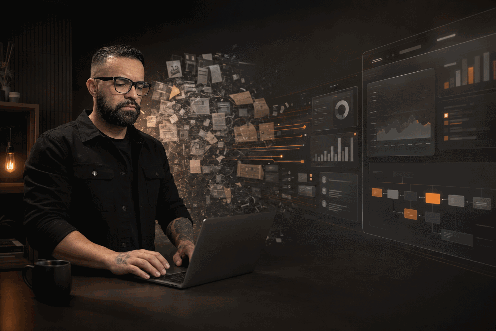 Andrei Lopes trabalhando em notebook enquanto informações dispersas viram painéis organizados